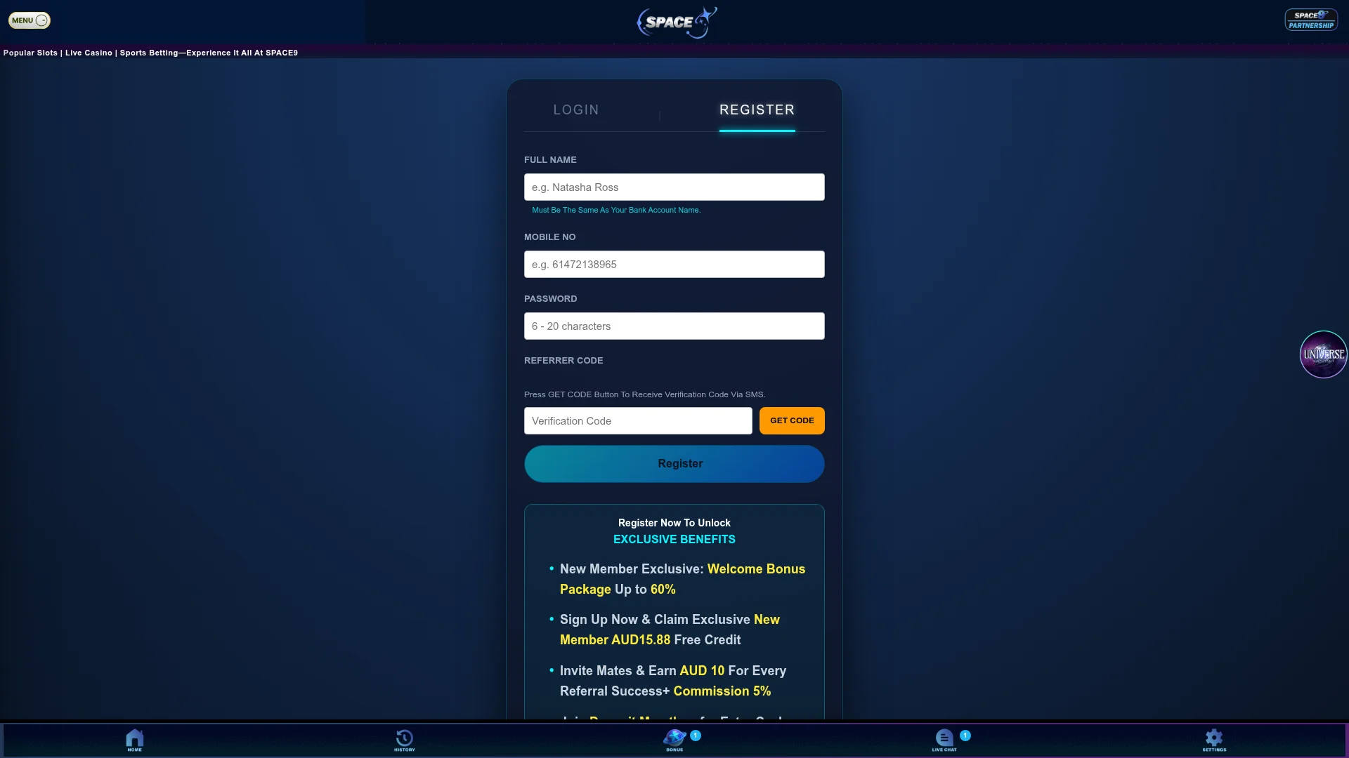 Space9 Casino desktop browser access
